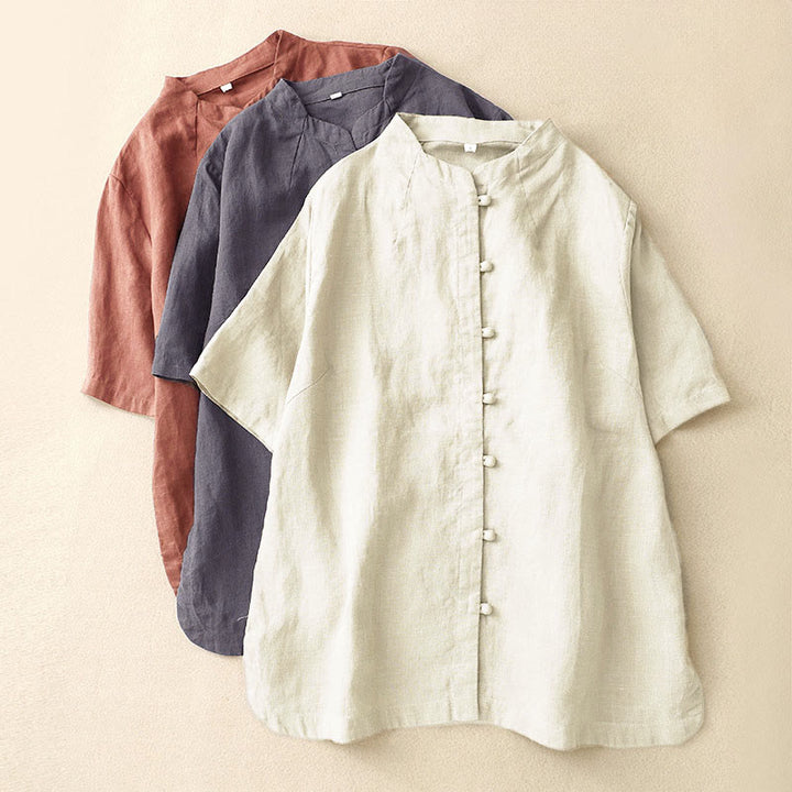 Buddha Stones Camisa de algodón de verano para mujer, de manga corta, con cuello alto, abertura lateral y botones de rana - image 17