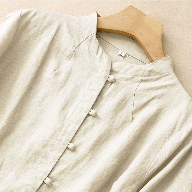 Buddha Stones Camisa de algodón de verano para mujer, de manga corta, con cuello alto, abertura lateral y botones de rana - image 2