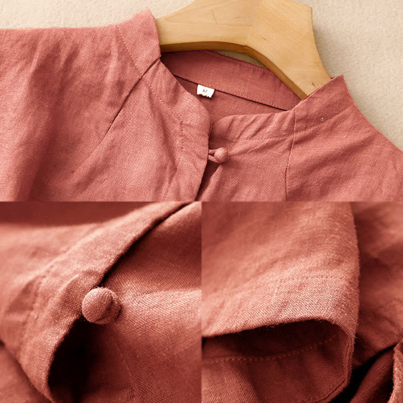 Buddha Stones Camisa de algodón de verano para mujer, de manga corta, con cuello alto, abertura lateral y botones de rana - image 12