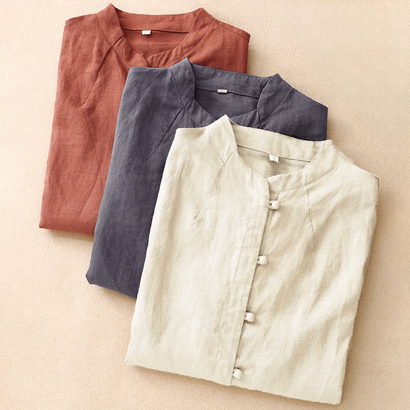 Buddha Stones Camisa de algodón de verano para mujer, de manga corta, con cuello alto, abertura lateral y botones de rana - image 18