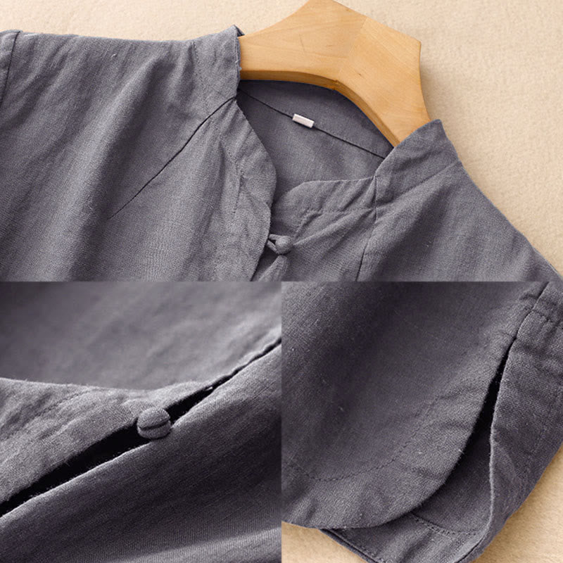 Buddha Stones Camisa de algodón de verano para mujer, de manga corta, con cuello alto, abertura lateral y botones de rana - image 16