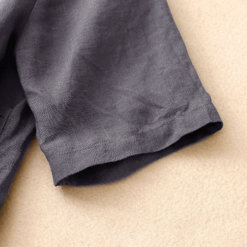 Buddha Stones Camisa de algodón de verano para mujer, de manga corta, con cuello alto, abertura lateral y botones de rana - image 14