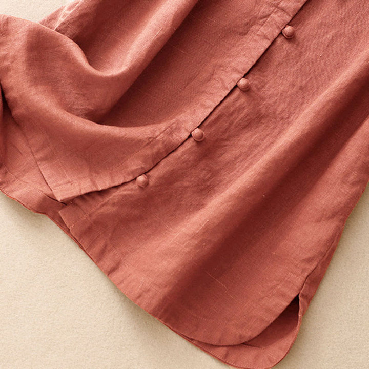 Buddha Stones Camisa de algodón de verano para mujer, de manga corta, con cuello alto, abertura lateral y botones de rana - image 10