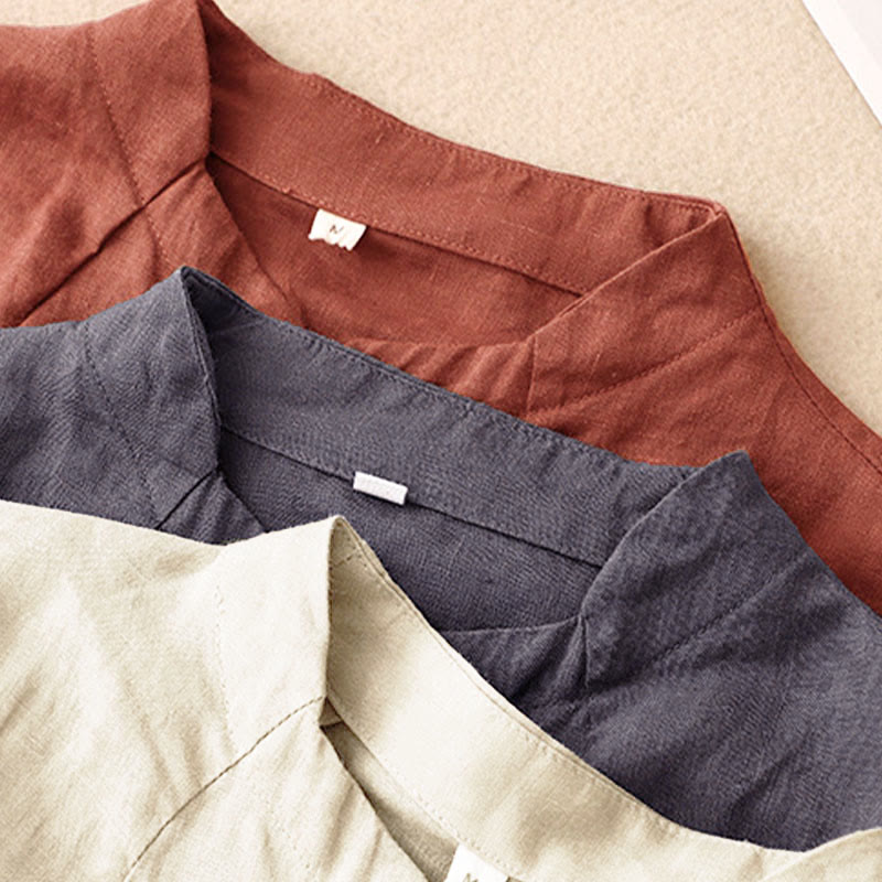 Buddha Stones Camisa de algodón de verano para mujer, de manga corta, con cuello alto, abertura lateral y botones de rana - image 19