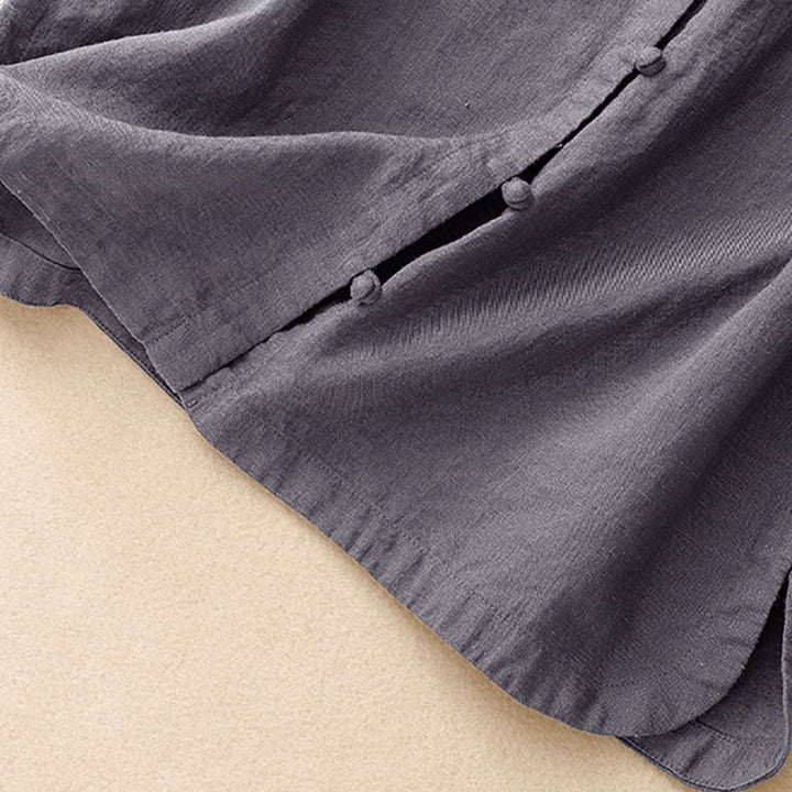 Buddha Stones Camisa de algodón de verano para mujer, de manga corta, con cuello alto, abertura lateral y botones de rana - image 15