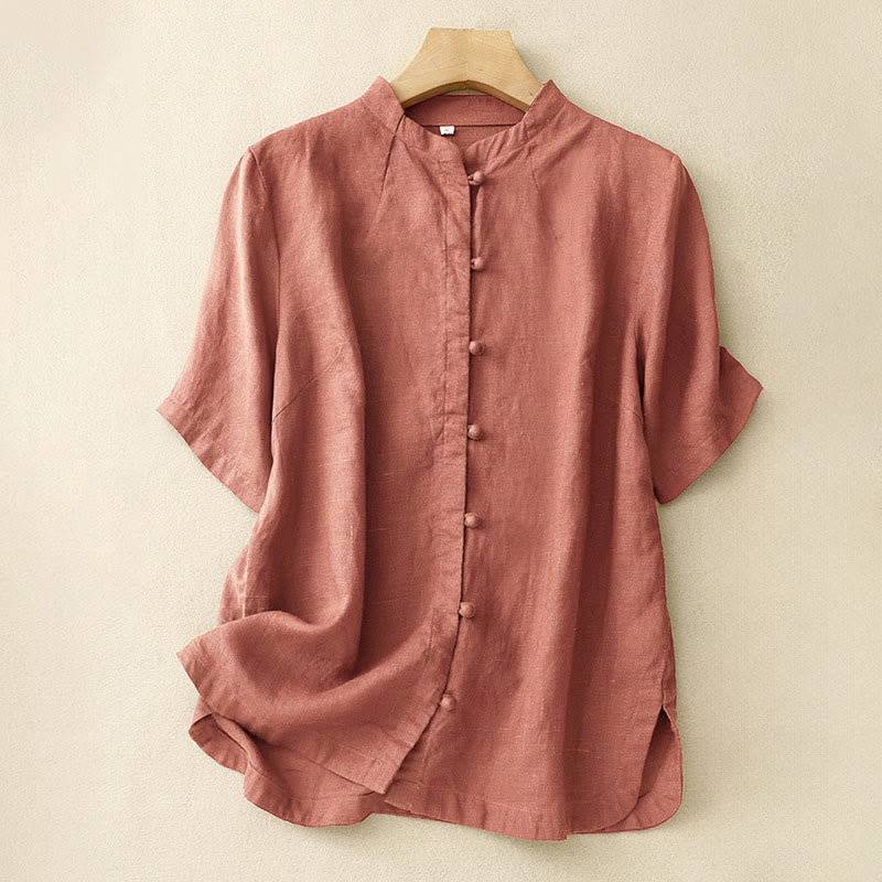 Buddha Stones Camisa de algodón de verano para mujer, de manga corta, con cuello alto, abertura lateral y botones de rana - Salmón oscuro - US8-10，UK/AU12-14，EU40-42 (2XL) - image 7