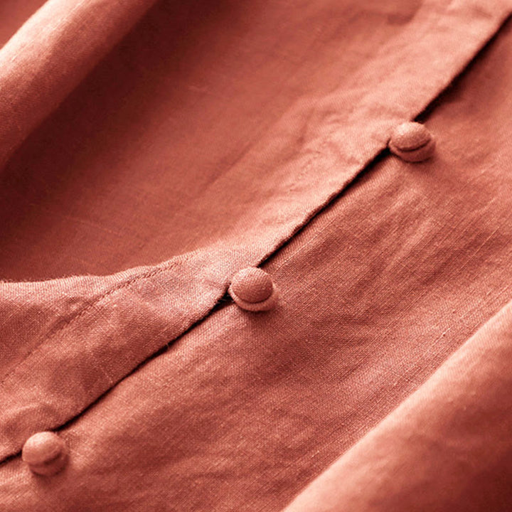 Buddha Stones Camisa de algodón de verano para mujer, de manga corta, con cuello alto, abertura lateral y botones de rana - image 8