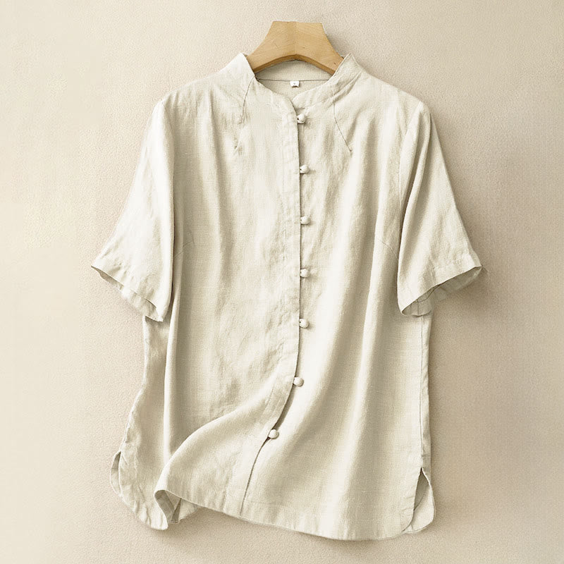 Buddha Stones Camisa de algodón de verano para mujer, de manga corta, con cuello alto, abertura lateral y botones de rana - Amarillo claro - US8-10，UK/AU12-14，EU40-42 (2XL) - image 0