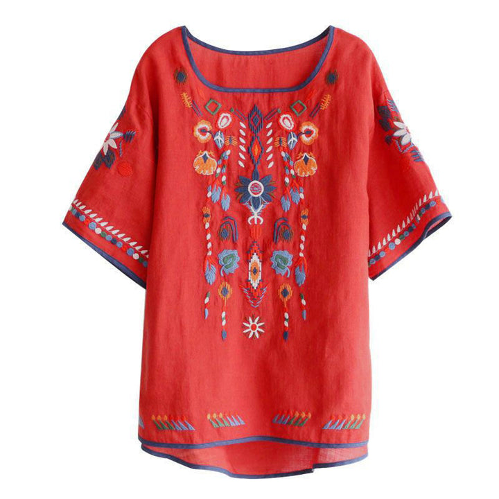 Camiseta de manga corta de algodón y lino para mujer con bordado artístico retro floral y Buddha Stones , cuello redondo - image 13