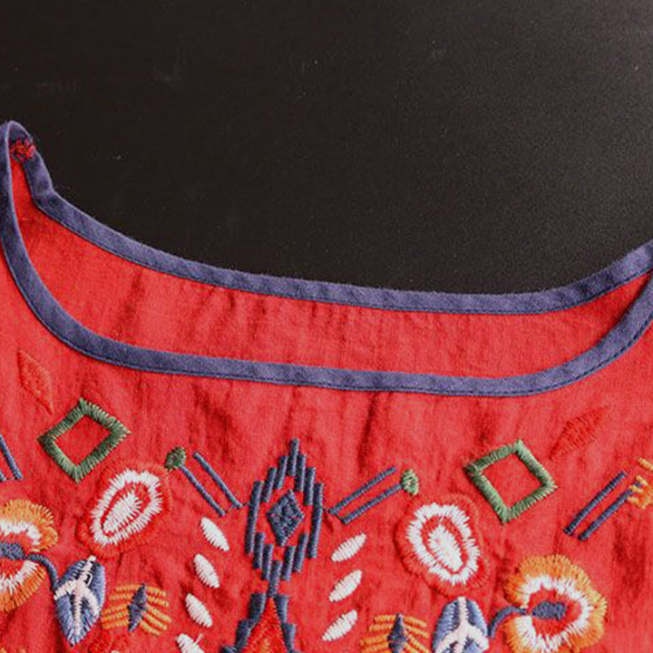 Camiseta de manga corta de algodón y lino para mujer con bordado artístico retro floral y Buddha Stones , cuello redondo - image 9