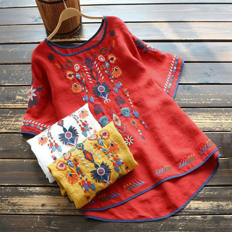 Camiseta de manga corta de algodón y lino para mujer con bordado artístico retro floral y Buddha Stones , cuello redondo - image 12
