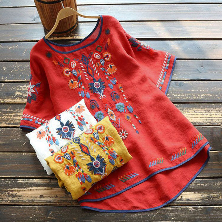 Camiseta de manga corta de algodón y lino para mujer con bordado artístico retro floral y Buddha Stones , cuello redondo - image 12