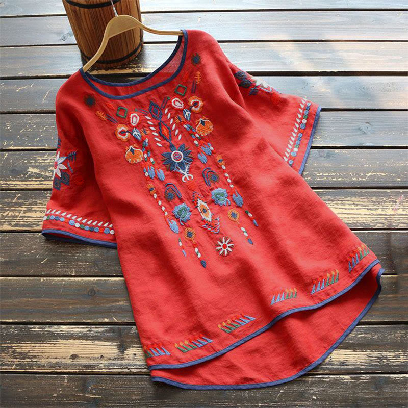 Camiseta de manga corta de algodón y lino para mujer con bordado artístico retro floral y Buddha Stones , cuello redondo - Rojo - US14, UK/AU18, EU46 (4XL) - image 8