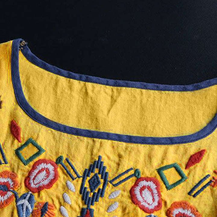 Camiseta de manga corta de algodón y lino para mujer con bordado artístico retro floral y Buddha Stones , cuello redondo - image 15