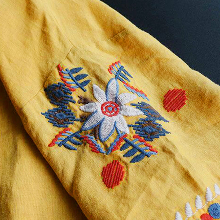 Camiseta de manga corta de algodón y lino para mujer con bordado artístico retro floral y Buddha Stones , cuello redondo - image 16