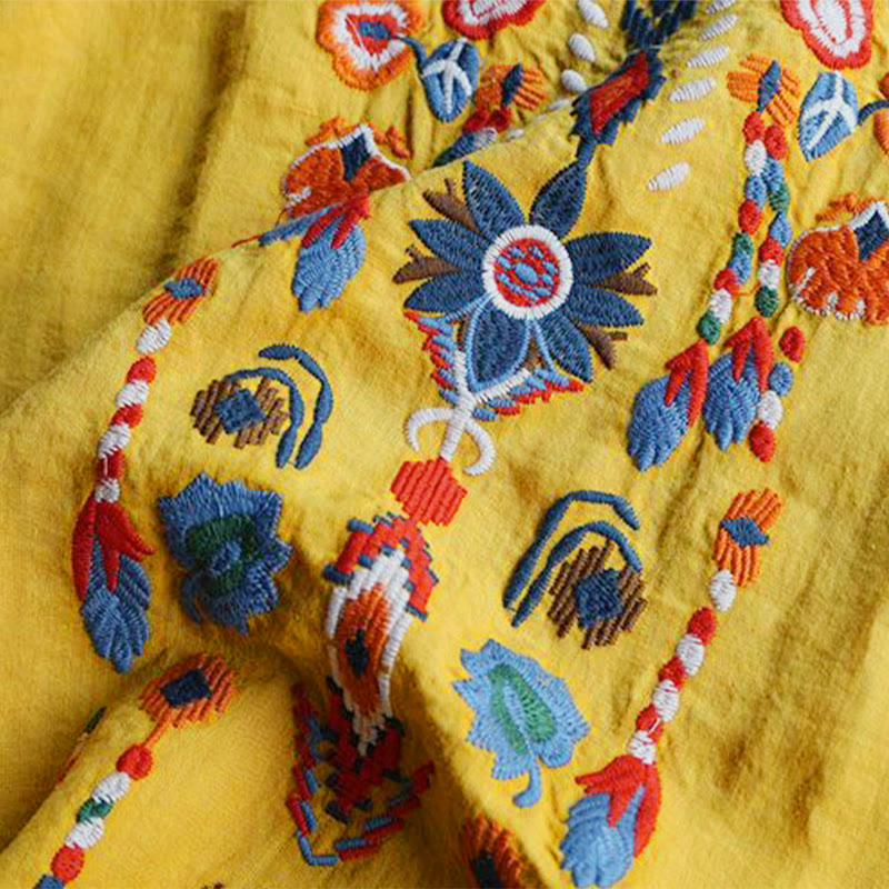 Camiseta de manga corta de algodón y lino para mujer con bordado artístico retro floral y Buddha Stones , cuello redondo - image 17