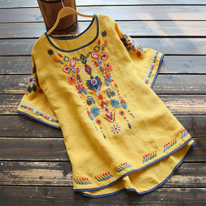 Camiseta de manga corta de algodón y lino para mujer con bordado artístico retro floral y Buddha Stones , cuello redondo - Amarillo - US14, UK/AU18, EU46 (4XL) - image 14