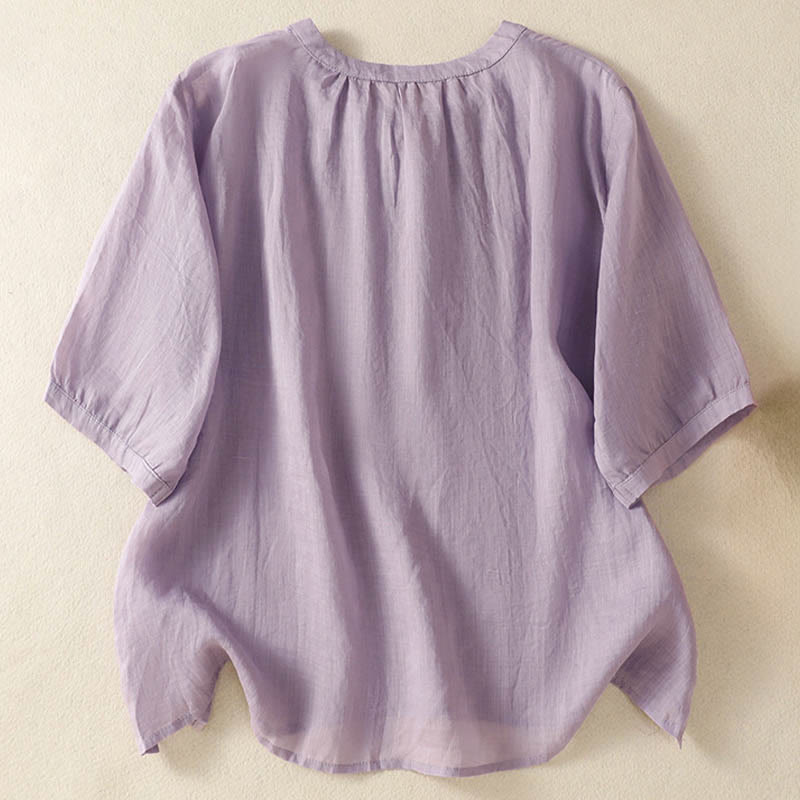 Buddha Stones Camisa de manga corta para mujer con cuello entallado y diseño de flores bordadas de verano con cordones - image 1