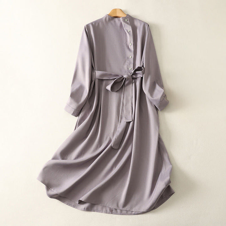 Buddha Stones Vestido midi de algodón para mujer, liso, con cordones, manga larga, botones, cuello alto y bolsillos. - Cardo - US8-10，UK/AU12-14，EU40-42 (2XL) - image 11