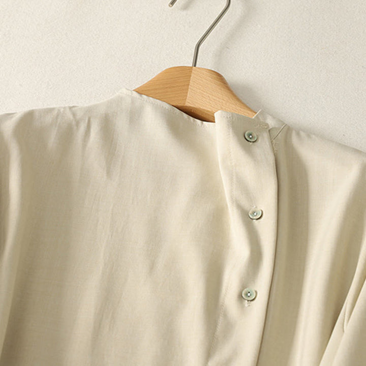 Buddha Stones Vestido midi de algodón para mujer, liso, con cordones, manga larga, botones, cuello alto y bolsillos. - image 2