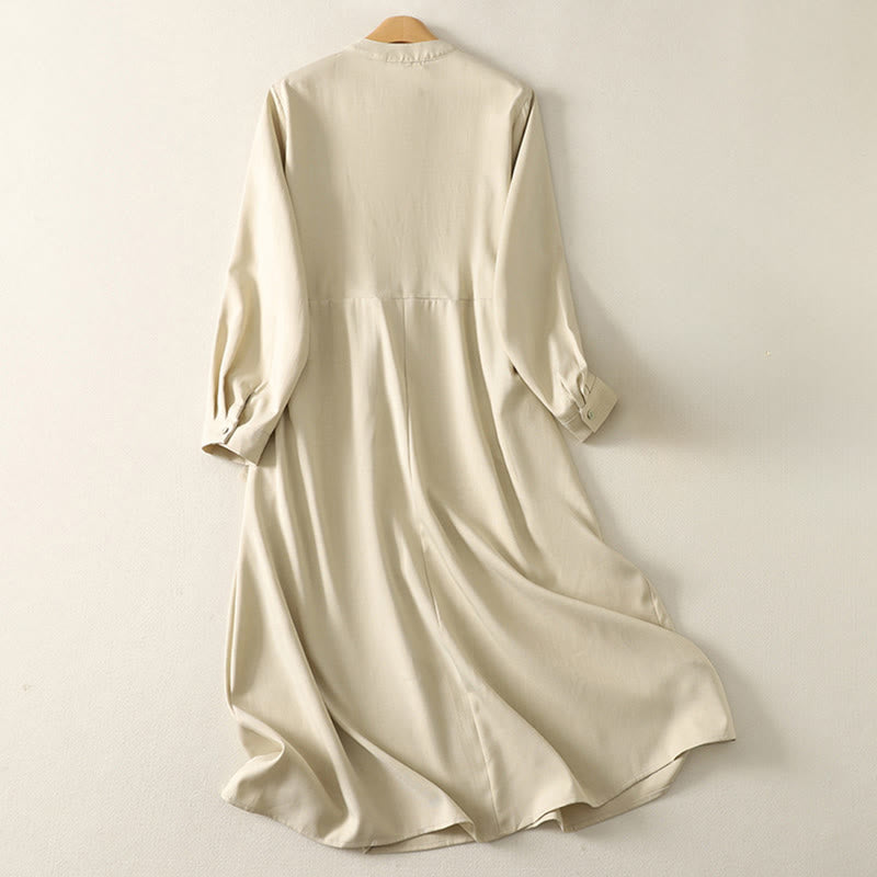 Buddha Stones Vestido midi de algodón para mujer, liso, con cordones, manga larga, botones, cuello alto y bolsillos. - image 1