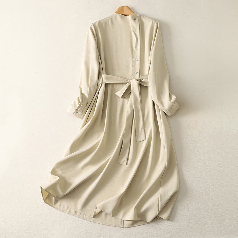 Buddha Stones Vestido midi de algodón para mujer, liso, con cordones, manga larga, botones, cuello alto y bolsillos. - Amarillo vara de oro claro - US8-10，UK/AU12-14，EU40-42 (2XL) - image 0