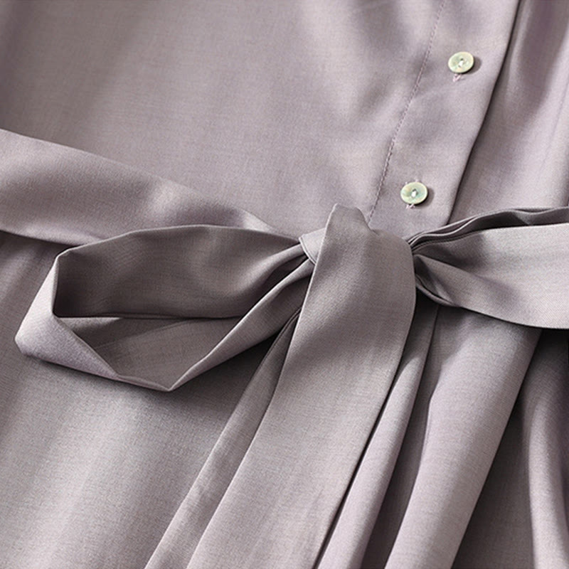 Buddha Stones Vestido midi de algodón para mujer, liso, con cordones, manga larga, botones, cuello alto y bolsillos. - image 13