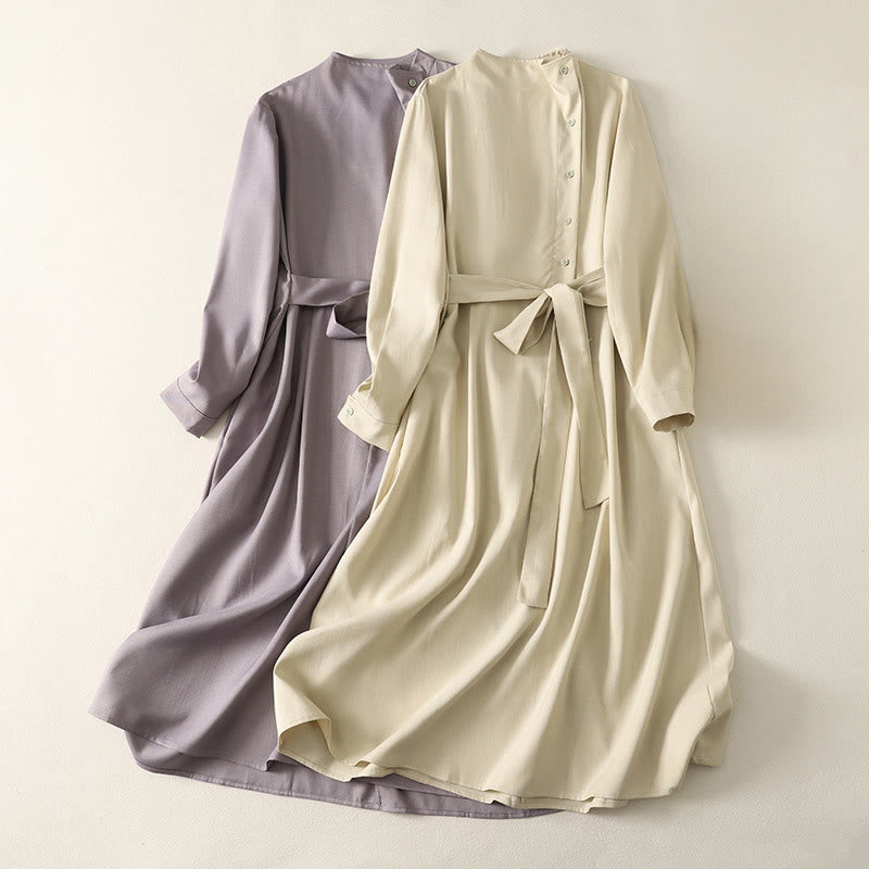 Buddha Stones Vestido midi de algodón para mujer, liso, con cordones, manga larga, botones, cuello alto y bolsillos. - image 16