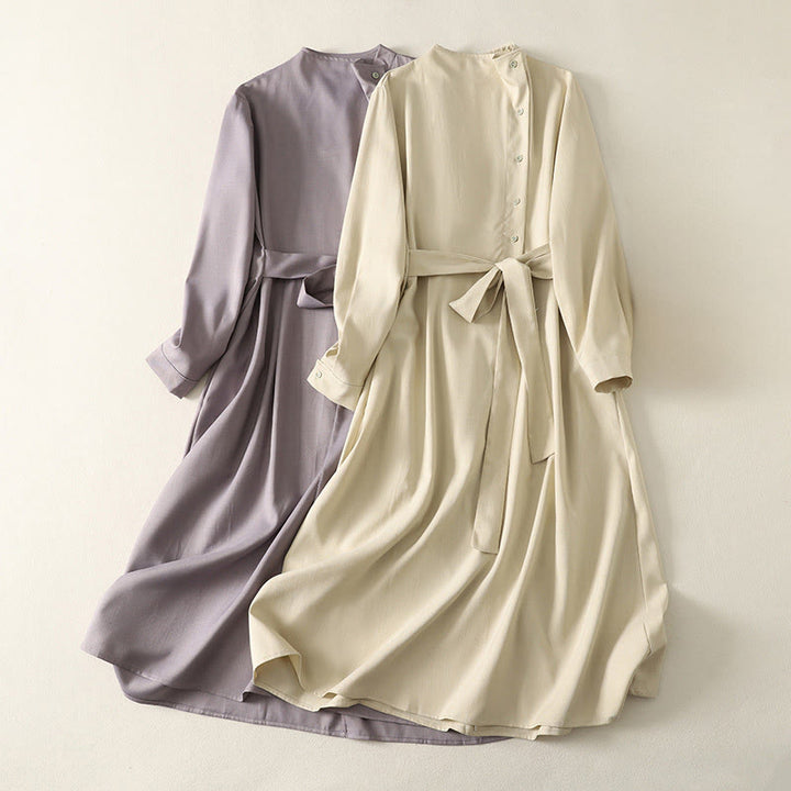 Buddha Stones Vestido midi de algodón para mujer, liso, con cordones, manga larga, botones, cuello alto y bolsillos. - image 16