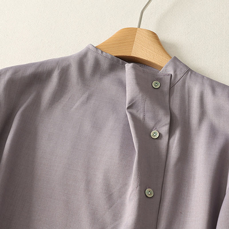 Buddha Stones Vestido midi de algodón para mujer, liso, con cordones, manga larga, botones, cuello alto y bolsillos. - image 12