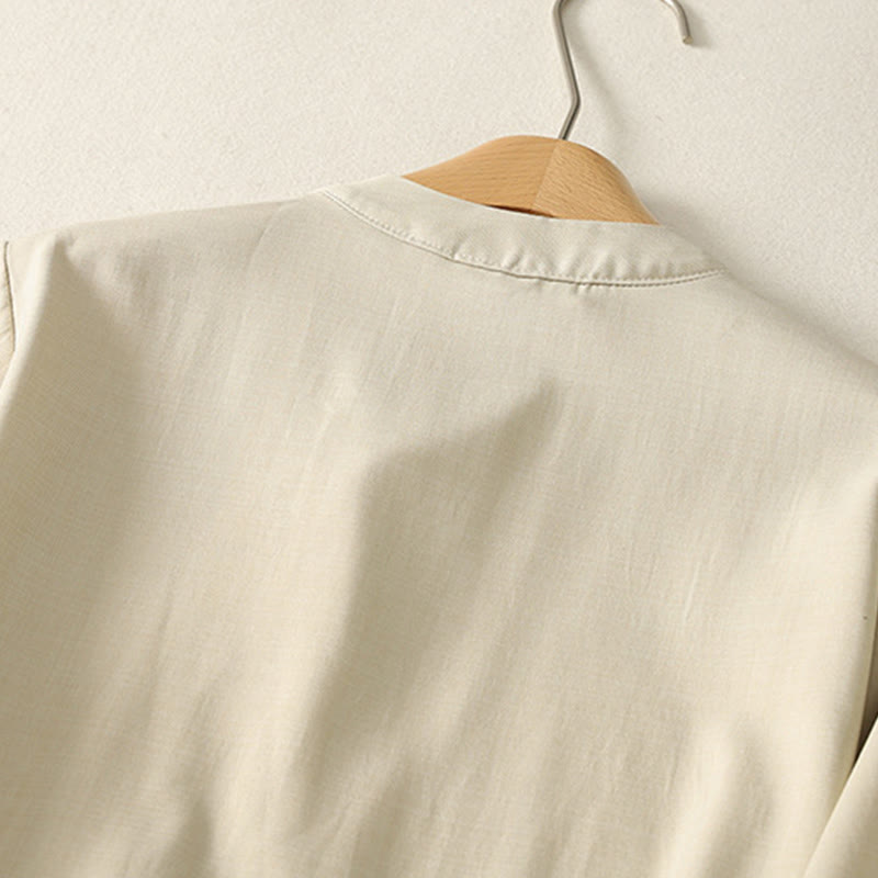 Buddha Stones Vestido midi de algodón para mujer, liso, con cordones, manga larga, botones, cuello alto y bolsillos. - image 3