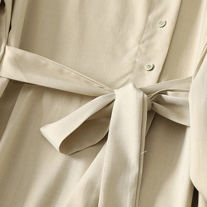 Buddha Stones Vestido midi de algodón para mujer, liso, con cordones, manga larga, botones, cuello alto y bolsillos. - image 4