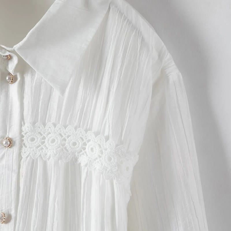 Buddha Stones Vestido midi de algodón para mujer con encaje, patchwork, cordones, manga larga, botones y solapa - image 6