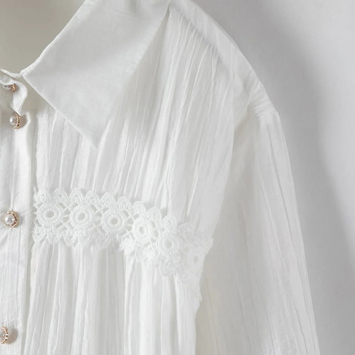 Buddha Stones Vestido midi de algodón para mujer con encaje, patchwork, cordones, manga larga, botones y solapa - image 6