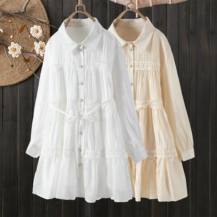 Buddha Stones Vestido midi de algodón para mujer con encaje, patchwork, cordones, manga larga, botones y solapa - image 14