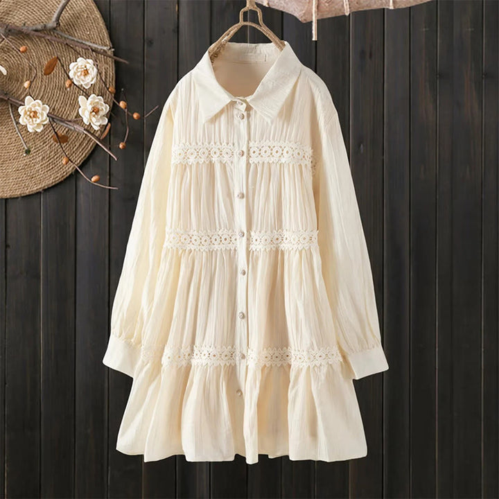 Buddha Stones Vestido midi de algodón para mujer con encaje, patchwork, cordones, manga larga, botones y solapa - Almendra blanqueada - US4-6, UK/AU8-10, EU36-38 (F) - image 11