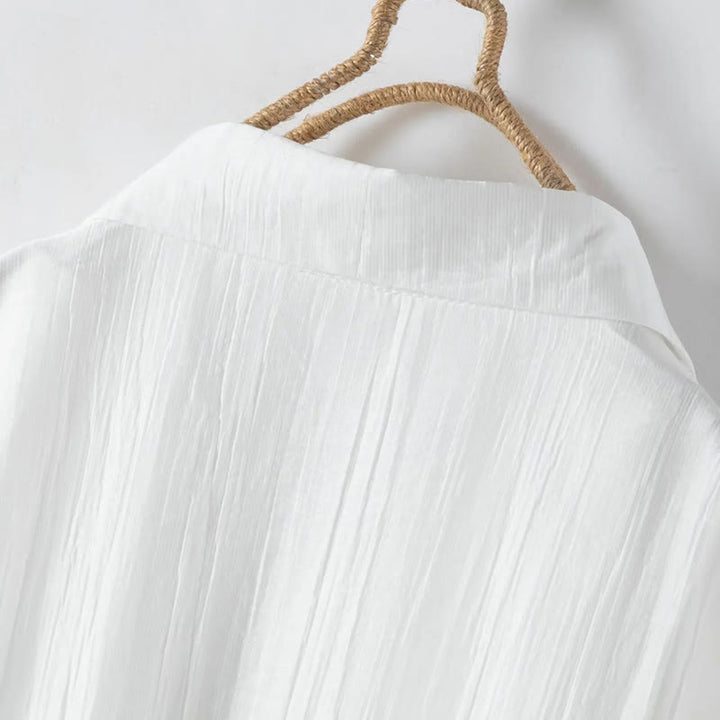 Buddha Stones Vestido midi de algodón para mujer con encaje, patchwork, cordones, manga larga, botones y solapa - image 4