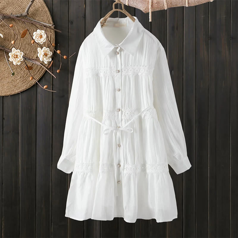 Buddha Stones Vestido midi de algodón para mujer con encaje, patchwork, cordones, manga larga, botones y solapa - image 0