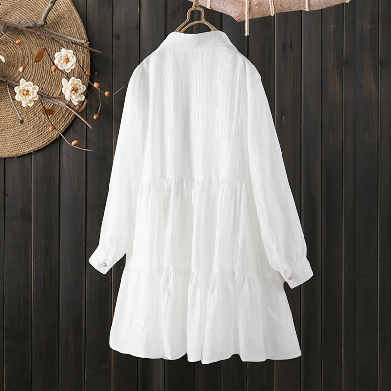 Buddha Stones Vestido midi de algodón para mujer con encaje, patchwork, cordones, manga larga, botones y solapa - image 2