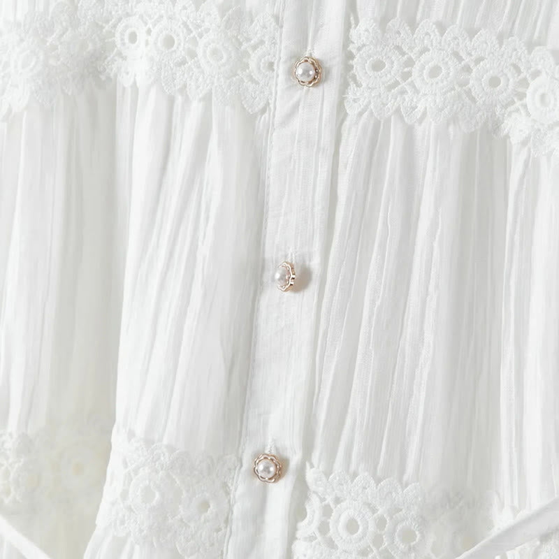 Buddha Stones Vestido midi de algodón para mujer con encaje, patchwork, cordones, manga larga, botones y solapa - image 5