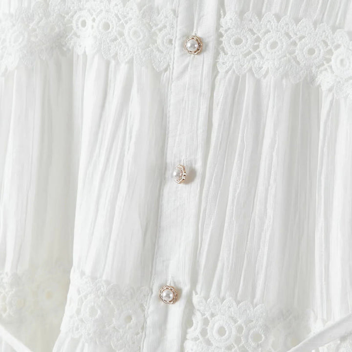 Buddha Stones Vestido midi de algodón para mujer con encaje, patchwork, cordones, manga larga, botones y solapa - image 5