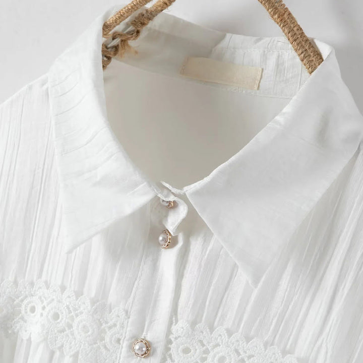 Buddha Stones Vestido midi de algodón para mujer con encaje, patchwork, cordones, manga larga, botones y solapa - image 3