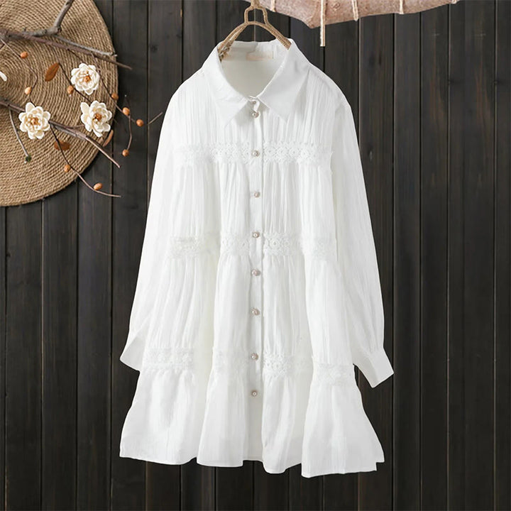 Buddha Stones Vestido midi de algodón para mujer con encaje, patchwork, cordones, manga larga, botones y solapa - Blanco - US4-6, UK/AU8-10, EU36-38 (F) - image 1