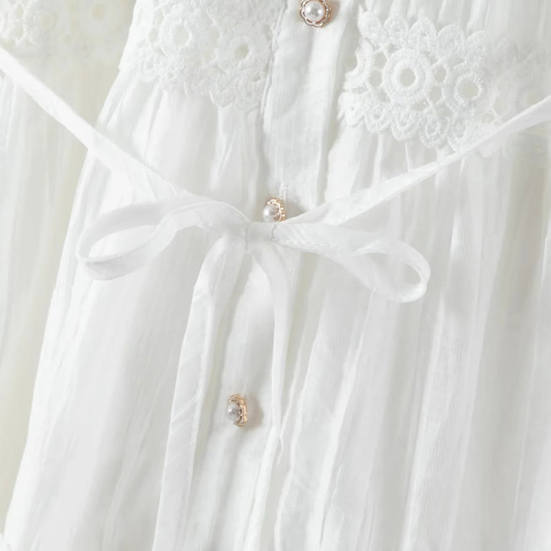 Buddha Stones Vestido midi de algodón para mujer con encaje, patchwork, cordones, manga larga, botones y solapa - image 7