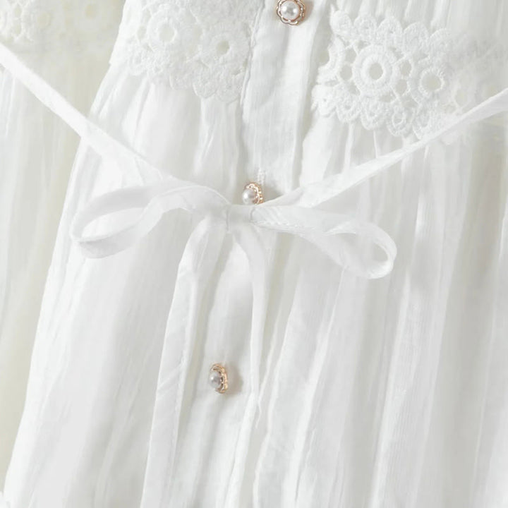 Buddha Stones Vestido midi de algodón para mujer con encaje, patchwork, cordones, manga larga, botones y solapa - image 7