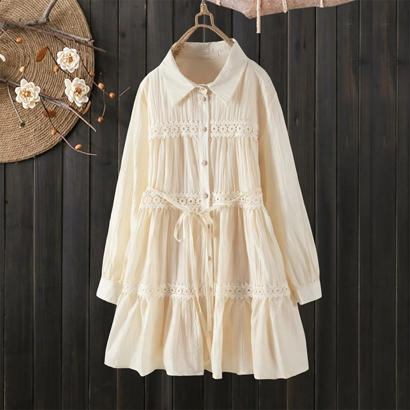 Buddha Stones Vestido midi de algodón para mujer con encaje, patchwork, cordones, manga larga, botones y solapa - image 12