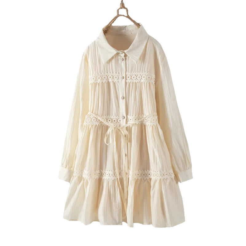 Buddha Stones Vestido midi de algodón para mujer con encaje, patchwork, cordones, manga larga, botones y solapa - image 13