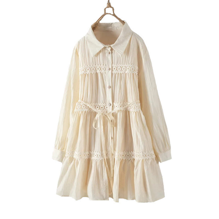 Buddha Stones Vestido midi de algodón para mujer con encaje, patchwork, cordones, manga larga, botones y solapa - image 13