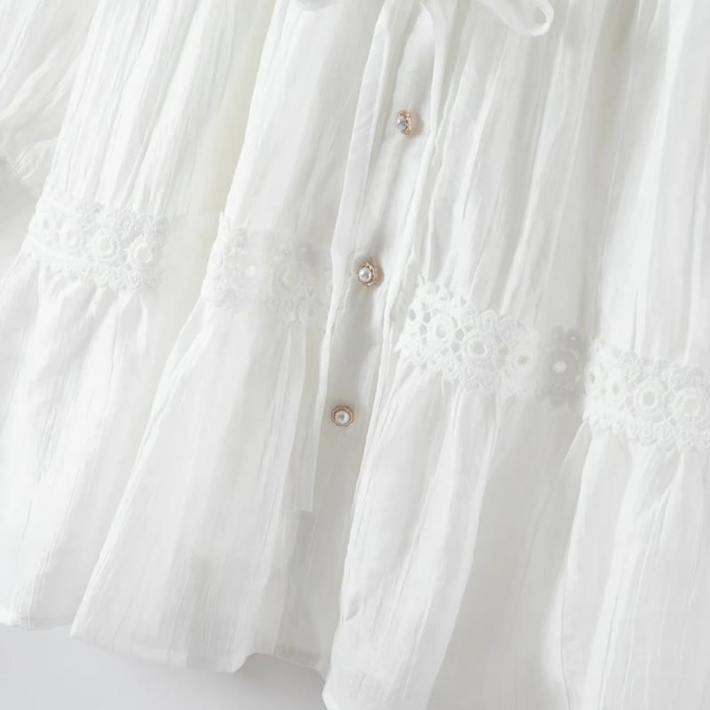 Buddha Stones Vestido midi de algodón para mujer con encaje, patchwork, cordones, manga larga, botones y solapa - image 8