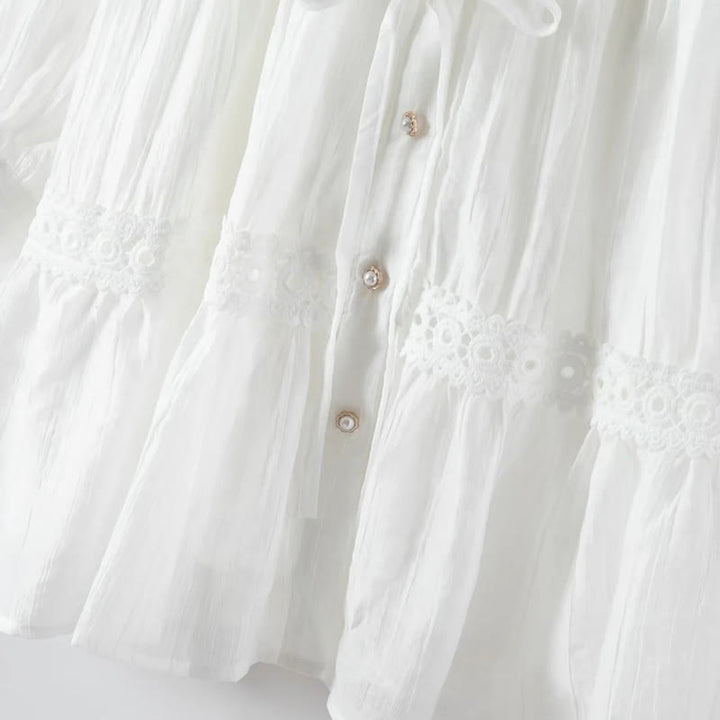 Buddha Stones Vestido midi de algodón para mujer con encaje, patchwork, cordones, manga larga, botones y solapa - image 8